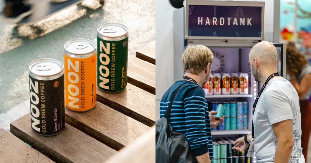 Three NOOZ cold brew cans on a bench, beside visitors at a Hardtank drinks fridge