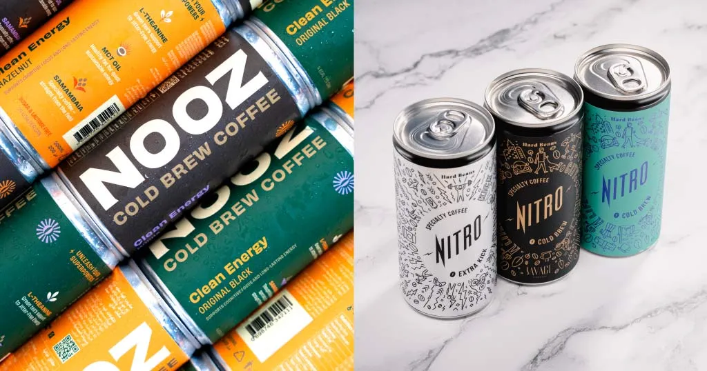 NOOZ cold brew cans stacked beside three Nitro specialty coffee cans on marble